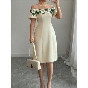 Floral Embroidered Puff Sleeve Dress with Mesh Shoulder